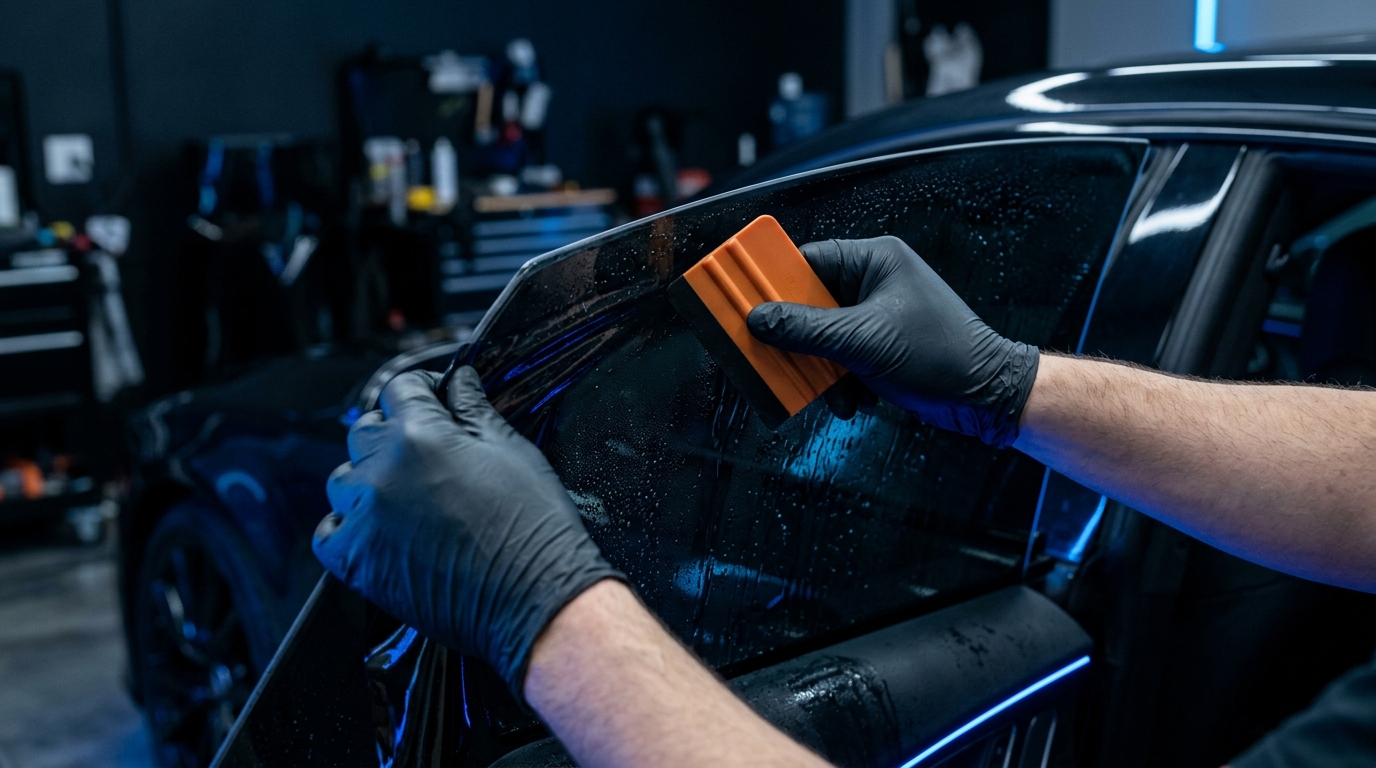 Window tint film being installed on a car window