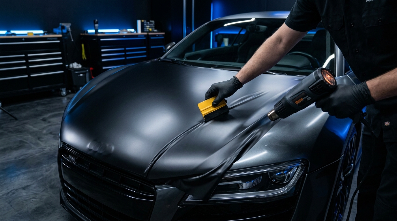 Satin vinyl wrap being applied to a car hood